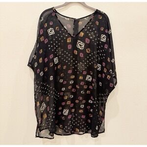 Women's Shirt Plus 1X Black Sheer Top Multicolor Design Cover Up Zipper Back